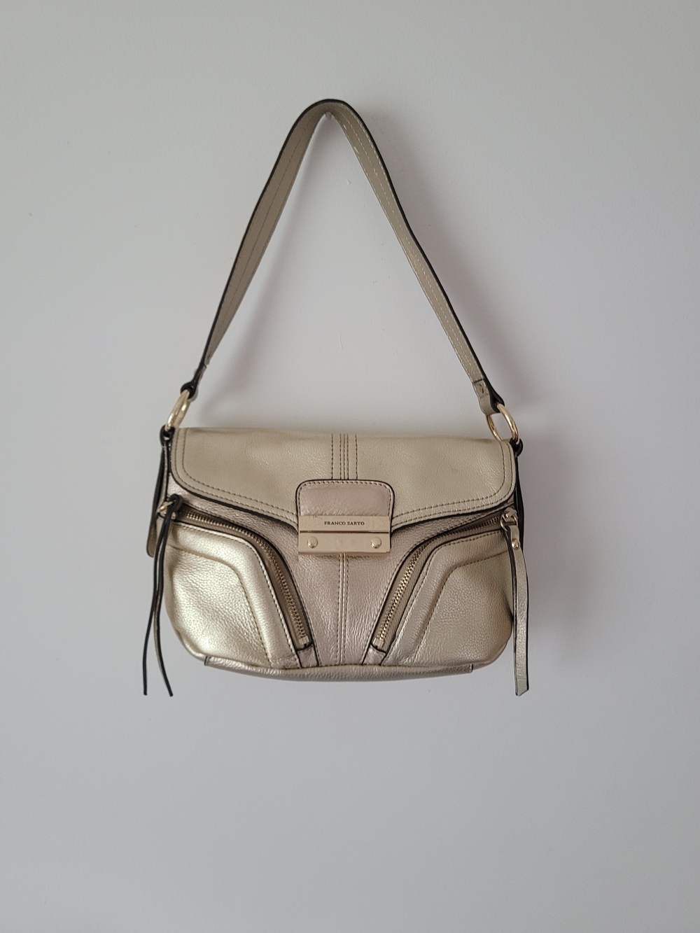 Franco Sarto Metallic Gold Shoulder Bag Purse Front Zipper Pockets Flap Closure